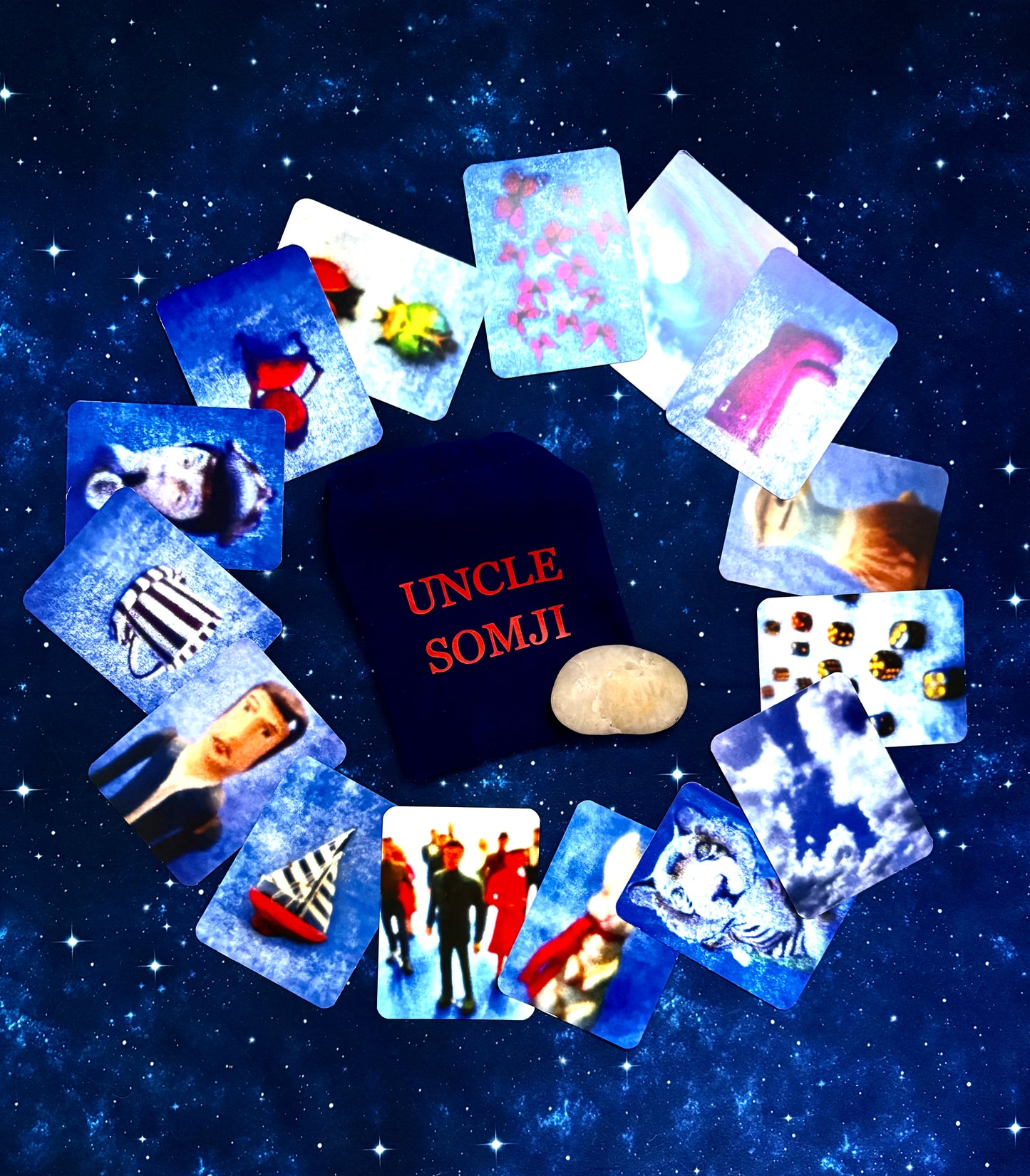 Uncle Somji card game with cards arranged in a circle on a starry background