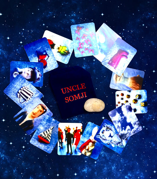 Uncle Somji card game with cards arranged in a circle on a starry background